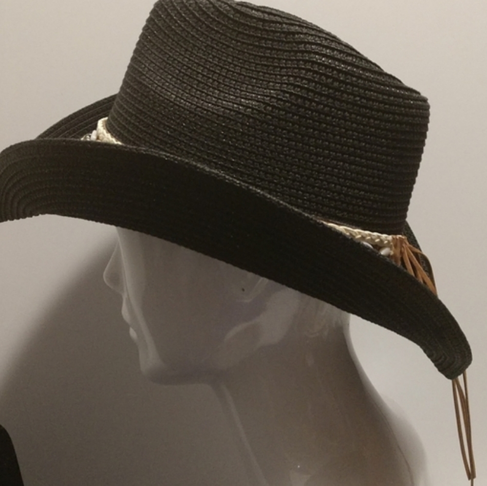 Unisex Straw Weave Western Beach Sun Hat Cowrie Cowry Shells Tassels Black Boho - Picture 5 of 14